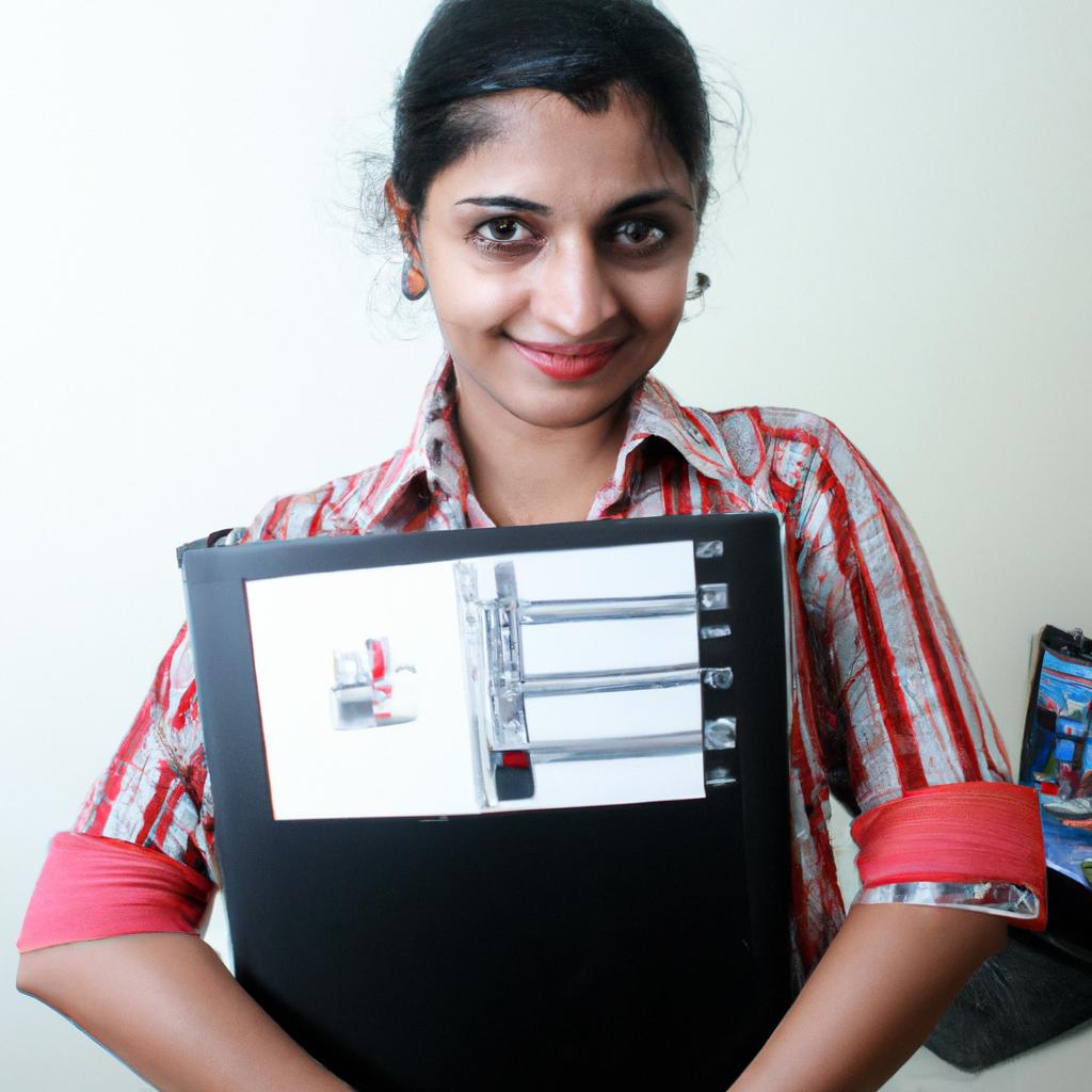 Person holding computer file, smiling